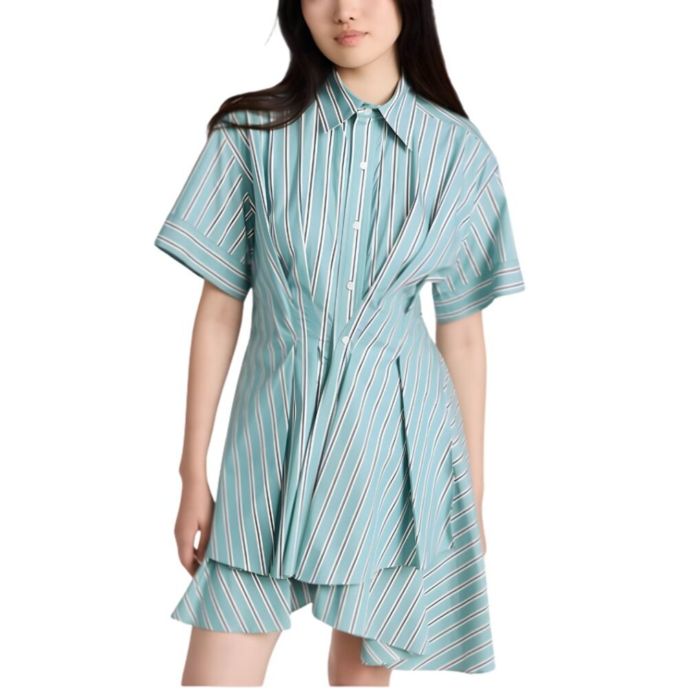 AKNVAS Dress Women's Medium Striped Cotton Belted Mini Shirt Ruffle Hem